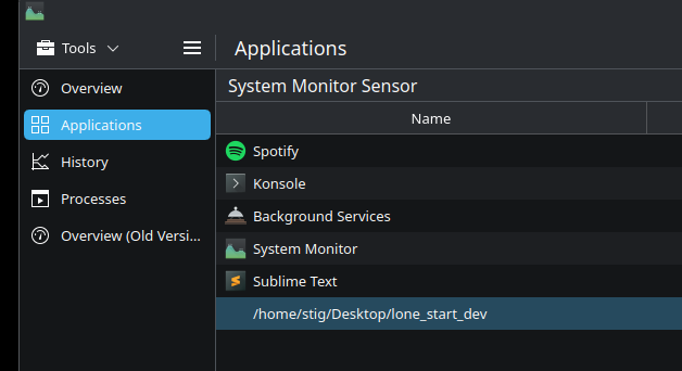 System Monitor showing the script lingering alongside properly launched Dolphin, Konsole, and VS Code